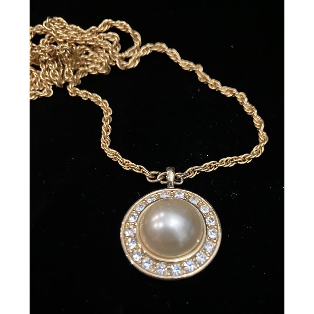 Gold Tone Faux Pearl And Crystal Rhinestone Pendant Necklace 18" 1928 Signed